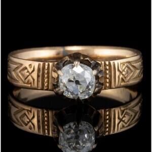 Antique Victorian 14k Gold 0.47 Ct Old Cushion Diamond Solitaire Engagement Ring